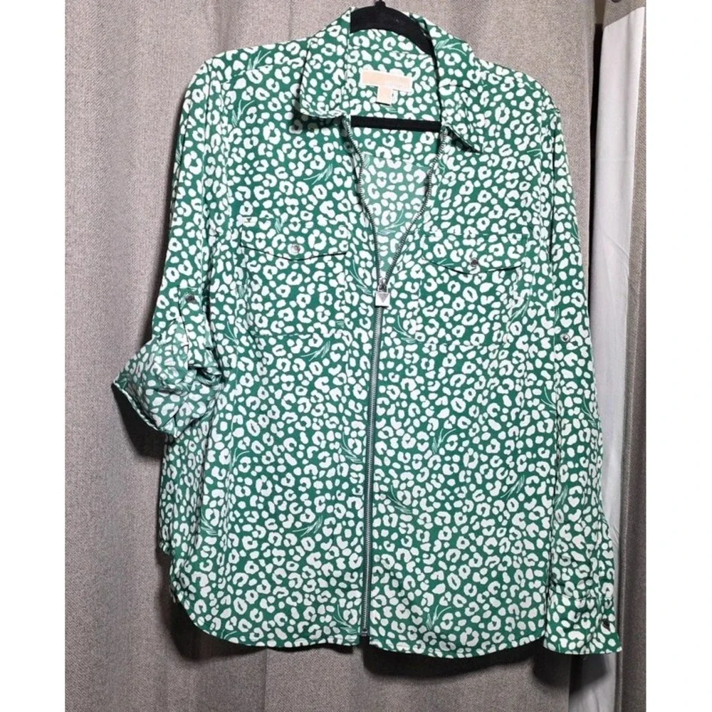 Michael Kors Green Animal Print Zip Up Roll Tab Sleeve Top XL
